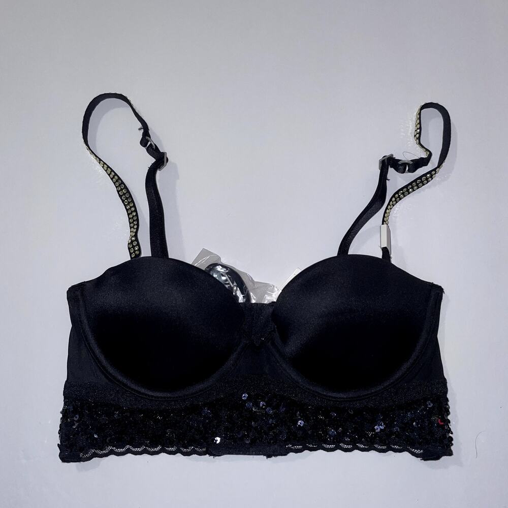 Victoria's Secret PINK Bra 32B Black Bustier Long Line Lace Embellished Sequin